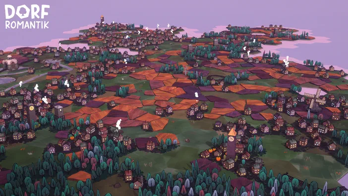 Vue aérienne du jeu vidéo Dorfromantik montrant un paysage de maisons et champs colorés.