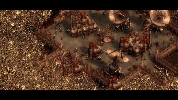 Vue isométrique d'une base fortifiée dans le jeu vidéo They Are Billions, entourée de milliers de zombies et équipée de tours de défense.