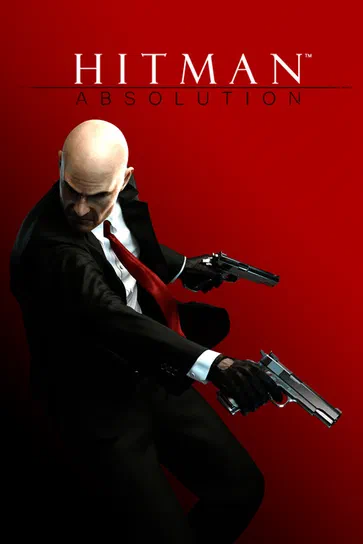 Affiche du jeu vidéo Hitman Absolution montrant le personnage principal en costume noir tenant deux pistolets sur fond rouge.