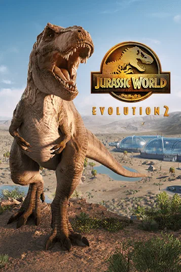 Un T-Rex en pleine action sur un paysage désertique avec des dômes de verre au loin. Logo Jurassic World Evolution 2.