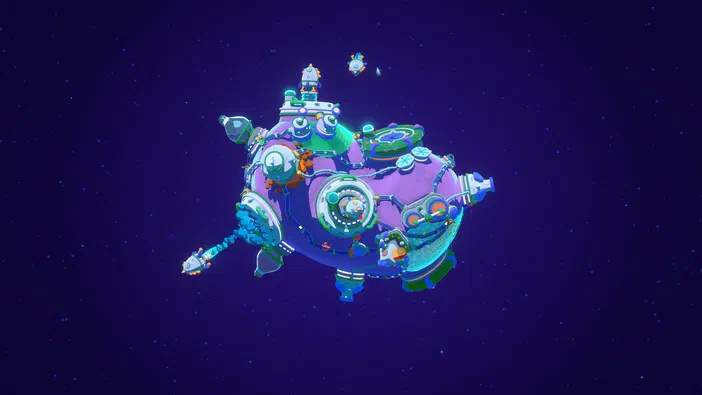 Capture d'écran du jeu vidéo Star Birds montrant une planète colorée flottante dans l'espace avec des structures et personnages.