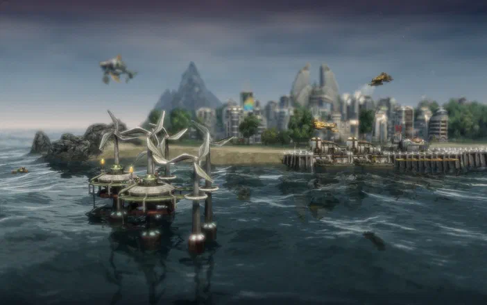 Capture de jeu vidéo Anno 2070 montrant une ville futuriste côtière avec des éoliennes flottantes et des vaisseaux spatiaux.