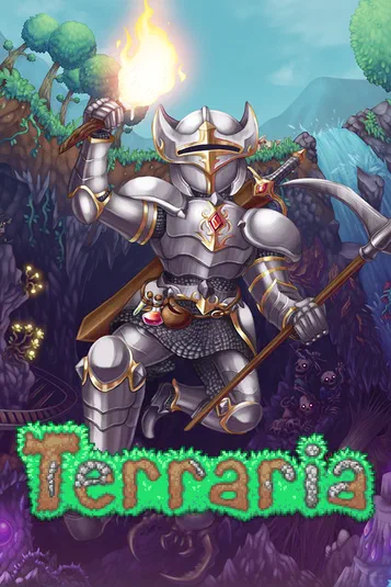 Un guerrier en armure tenant une torche et un hache dans le jeu Terraria