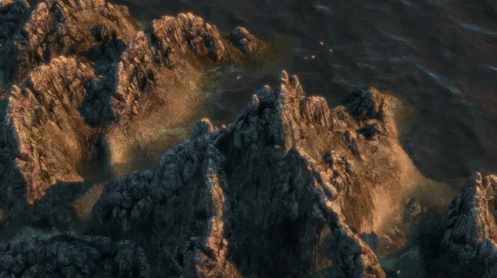 Vue aérienne d'un paysage rocheux et de l'océan dans le jeu vidéo Anno 2070.