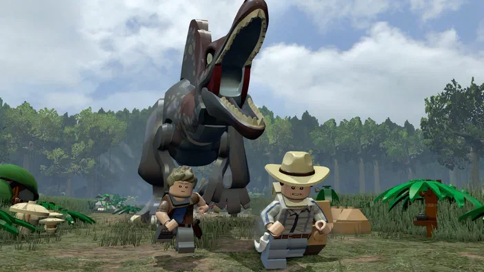 Dans LEGO® Jurassic World, deux personnages en briques Lego sont face à un T-Rex dans une jungle.