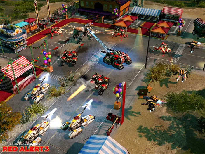 Capture d'écran du jeu vidéo Command & Conquer Red Alert 3 montrant une bataille de véhicules et unités dans un parc d'attractions.