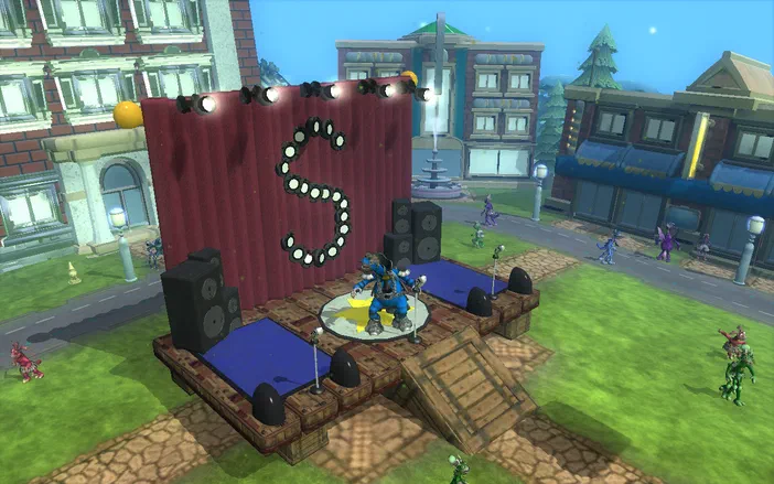 Dans Spore: Galactic Adventures, un personnage bleu se tient sur une scène extérieure avec des haut-parleurs et le lettrage 'S' illuminé.