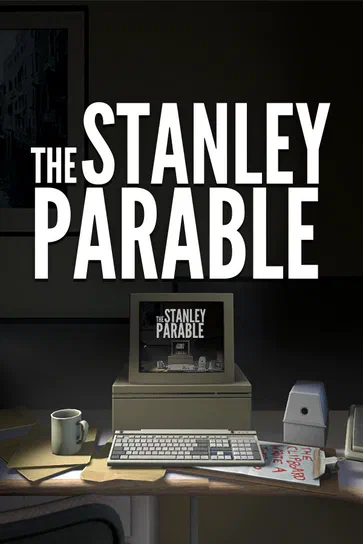 Affiche du jeu vidéo The Stanley Parable montrant un bureau avec ordinateur et clavier.