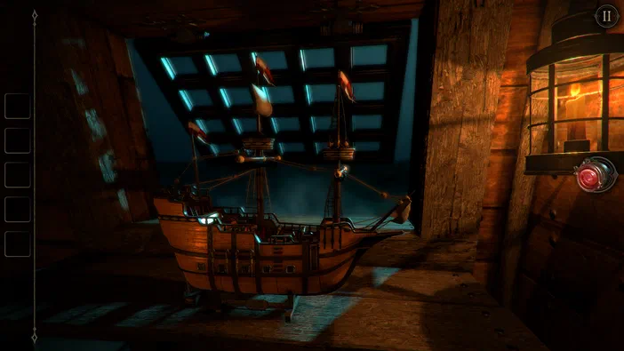 Dans The Room Two, un modèle de bateau en bois est exposé dans une pièce sombre éclairée par une lanterne.