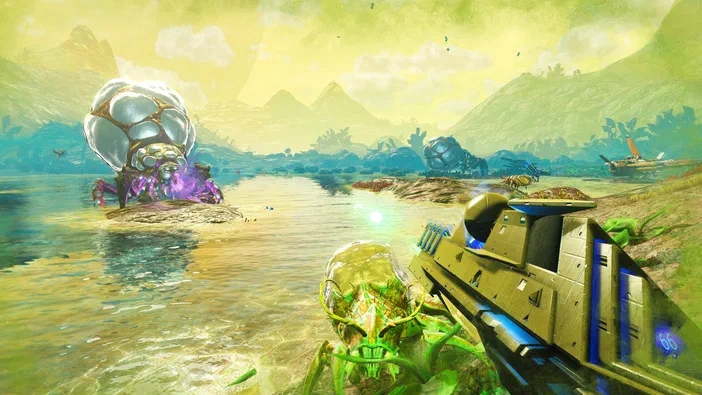 Capture d'écran du jeu vidéo No Man's Sky montrant une vue à la première personne avec un vaisseau spatial et des créatures alien dans un paysage aquatique coloré.