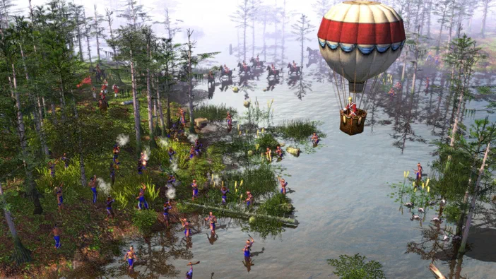 Age of Empires III : une armée de soldats et cavaliers dans un marécage avec un ballon dirigeable rouge et blanc au-dessus.