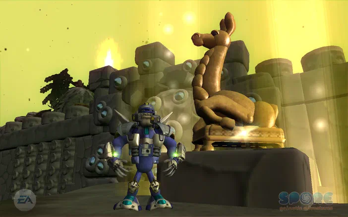 Dans le jeu vidéo Spore: Galactic Adventures, un personnage robotique bleu se tient devant une statue dorée d'un animal ressemblant à un kangourou sur fond jaune.