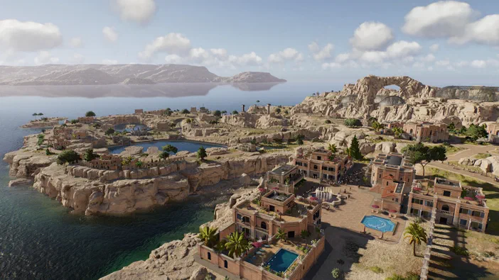 Vue aérienne d'une île rocheuse avec des bâtiments et une piscine dans le jeu Jurassic World Evolution 3.