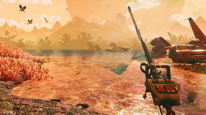 Capture d'écran du jeu vidéo No Man's Sky montrant un paysage alien aux couleurs orangées avec une rivière, des insectes volants et un vaisseau spatial au premier plan.