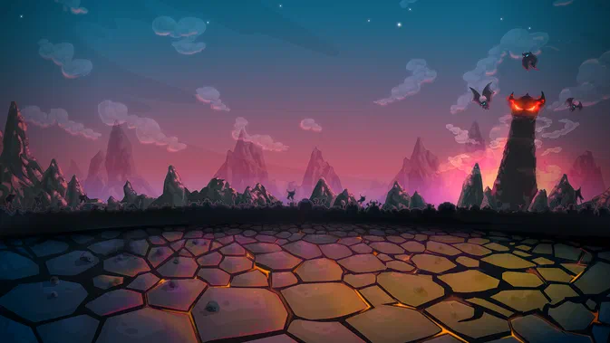 Fond d'écran du jeu Kingdom Rush Vengeance montrant un paysage de montagnes sombres sous un ciel crépusculaire avec une tour rougeoyante et des créatures volantes.
