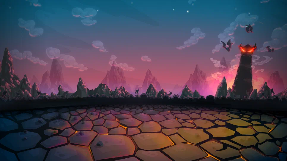 Kingdom Rush Vengeance Fond d'écran du jeu Kingdom Rush Vengeance montrant un paysage de montagnes sombres sous un ciel crépusculaire avec une tour rougeoyante et des créatures volantes.
