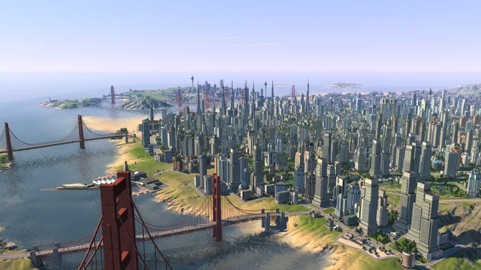 Vue aérienne d'une ville dense avec des gratte-ciels et plusieurs ponts suspendus rouges traversant une baie.