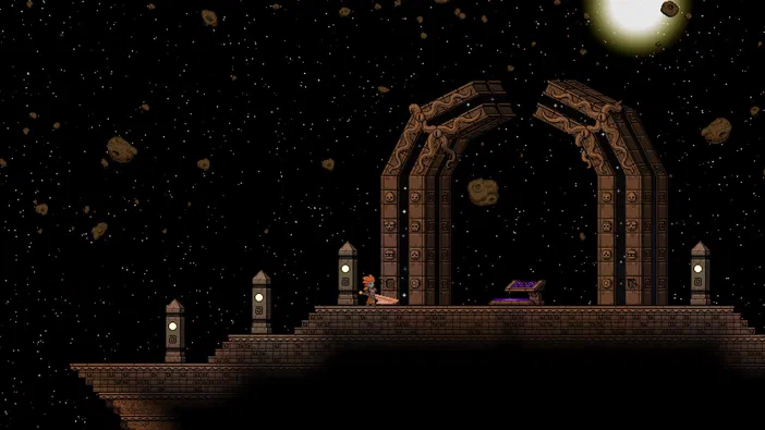 Capture d'écran du jeu vidéo Starbound montrant un personnage sur une plateforme spatiale avec des arches et des débris flottants sous un ciel étoilé.