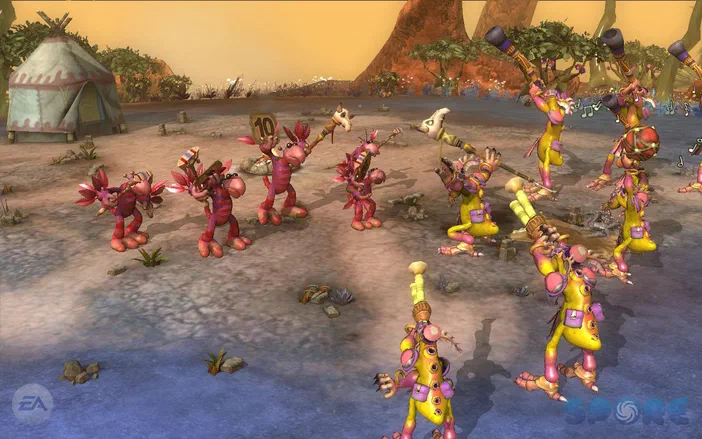 Dans le jeu vidéo Spore, un groupe de créatures colorées et stylisées se rassemblent sur une plage sous un ciel jaune.