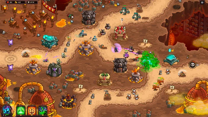 Capture d'écran de Kingdom Rush Vengeance montrant une vue isométrique du jeu avec des tours et ennemis sur un chemin.