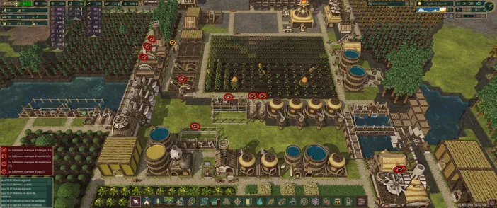 Vue isométrique d'une base industrielle dans le jeu vidéo Timberborn avec des machines en panne dues à la sécheresse