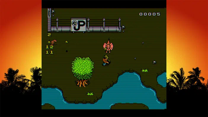 Capture d'écran du jeu Jurassic Park Classic Games Collection montrant un personnage dans une île avec des dinosaures et de l'eau.