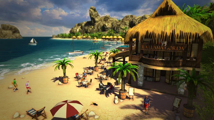 Capture d'écran du jeu vidéo Tropico 5 montrant une plage tropicale avec des palmiers et un restaurant nommé La Llama Gorda.