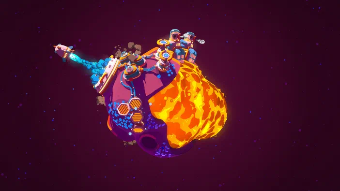 Capture d'écran du jeu vidéo Star Birds montrant une base spatiale colorie sur un astéroïde dans l'espace.