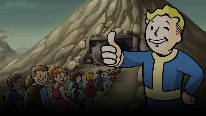 Dans Fallout Shelter, Vault Boy donne un pouce en l'air devant une file d'inhabitants sortant du bunker.