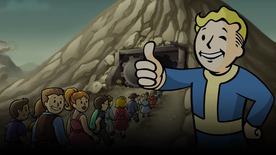 Dans Fallout Shelter, Vault Boy donne un pouce en l'air devant une file d'inhabitants sortant du bunker.