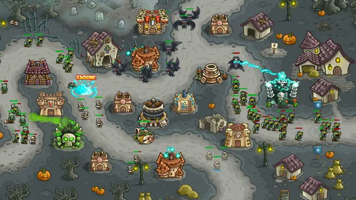 Capture d'écran de Kingdom Rush Frontiers montrant une carte stratégique avec des tours et des unités en combat.