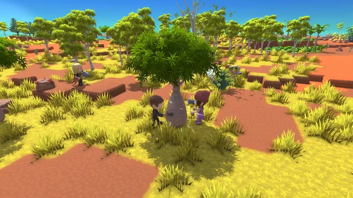 Capture d'écran du jeu vidéo Dinkum montrant des personnages dans un paysage australien avec arbres et herbes jaunes.