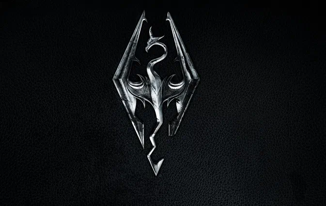 Logo du dragon d'acier de The Elder Scrolls V: Skyrim Special Edition sur fond noir texturé.