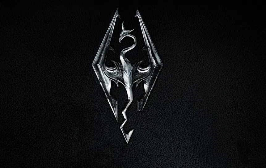 The Elder Scrolls V: Skyrim Special Edition Logo du dragon d'acier de The Elder Scrolls V: Skyrim Special Edition sur fond noir texturé.