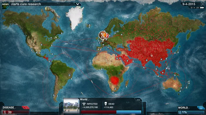 Capture d'écran du jeu vidéo Plague Inc: Evolved montrant une carte mondiale avec des zones infectées en rouge et des statistiques de la maladie.