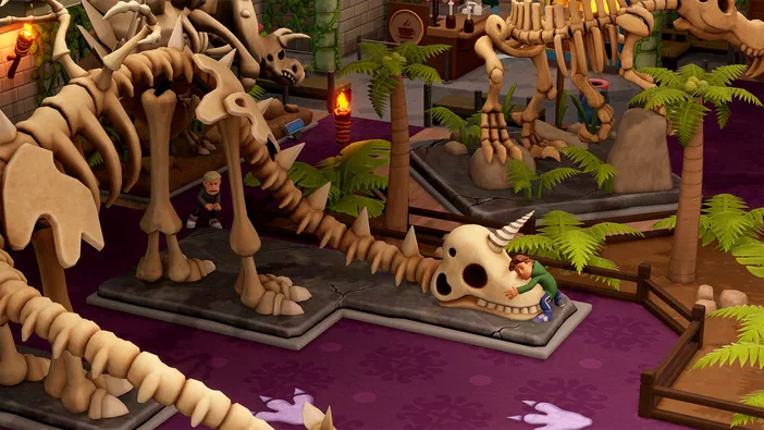 Dans Two Point Museum, un squelette de dinosaure est exposé au milieu d'une salle aux sols violets et parsemée de palmiers.