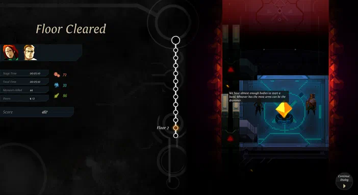 Capture d'écran du jeu Dungeon of the ENDLESS™ montrant l'interface de fin de niveau avec le message 'Floor Cleared', les statistiques des joueurs et une scène cinématique à droite.