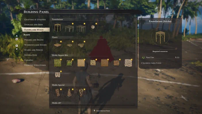 Dans le jeu Windrose, l'interface de construction affiche une sélection d'options pour les fondations et murs en bois.
