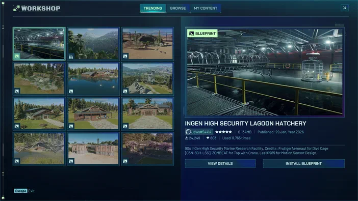 Interface du Workshop de Jurassic World Evolution affichant une grille d'images et les détails de la blueprint 'Ingen High Security Lagoon Hatchery'.