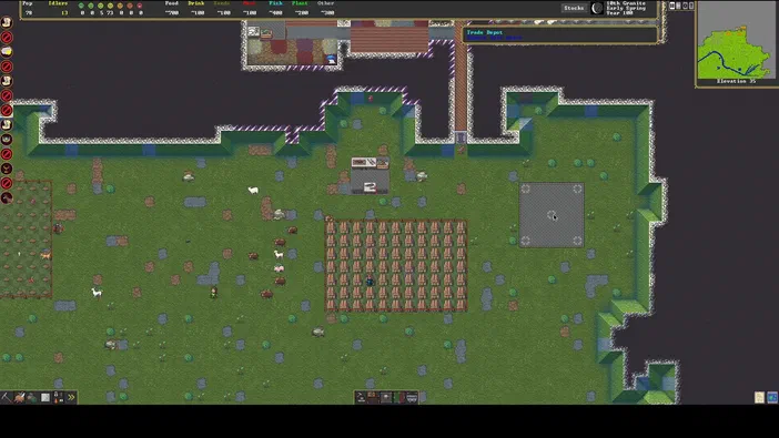 Capture d'écran du jeu de stratégie Dwarf Fortress montrant une vue isométrique d'une colonie naine avec des bâtiments et des créatures sur un terrain vert.