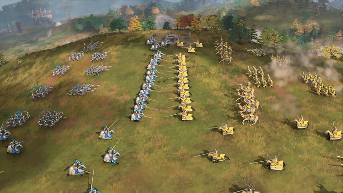 Capture de jeu vidéo Age of Empires IV montrant une bataille médiévale avec des troupes bleues et jaunes sur un champ d'herbe.