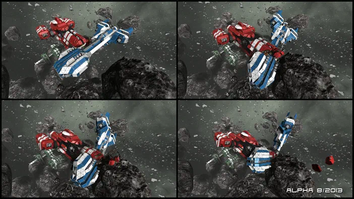 Dans le jeu Space Engineers, une structure spatiale rouge et bleue repose sur des rochers dans un champ d'astéroïdes.