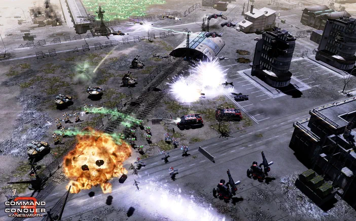 Capture de Command & Conquer 3: Kane's Wrath montrant une bataille urbaine avec des explosions, des véhicules et des troupes en action.