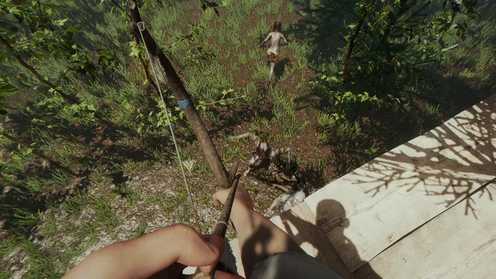Dans le jeu vidéo The Forest, une vue en première personne montre un personnage tenant un arc sur une plateforme de bois au-dessus d'une forêt dense où deux autres personnages sont visibles.