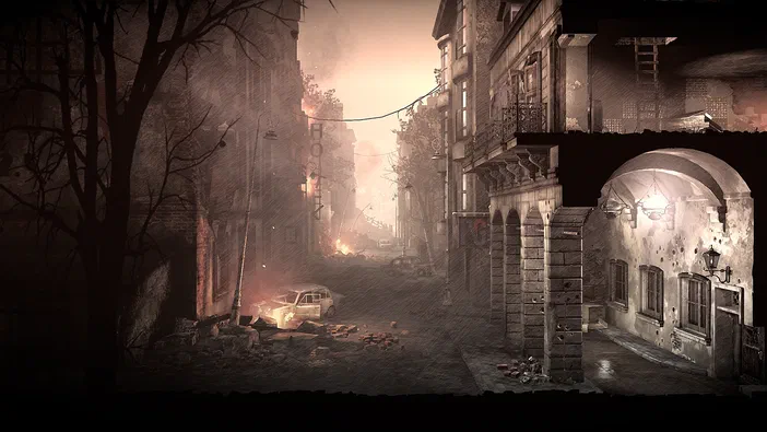 Vue d'une rue de ville en ruine dans le jeu vidéo This War of Mine, avec des bâtiments endommagés et une voiture abandonnée.