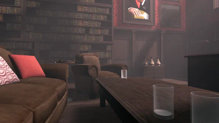 Capture d'écran du jeu vidéo The Stanley Parable montrant un salon avec des étagères remplies de livres et une télévision allumée.