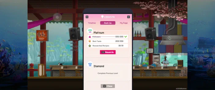 L'interface de l'application Cooksta affichant le niveau Platine d'un restaurant dans un décor coloré.