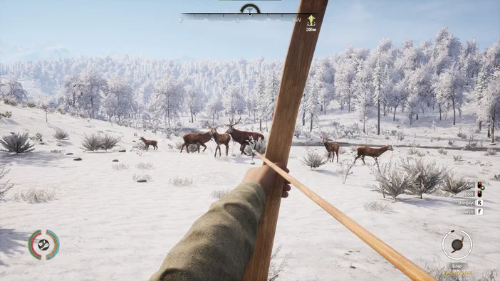 Dans le jeu vidéo Medieval Dynasty, une vue à la première personne montre un joueur tenant un arc et visant des cerfs dans un paysage enneigé avec des arbres couverts de neige.