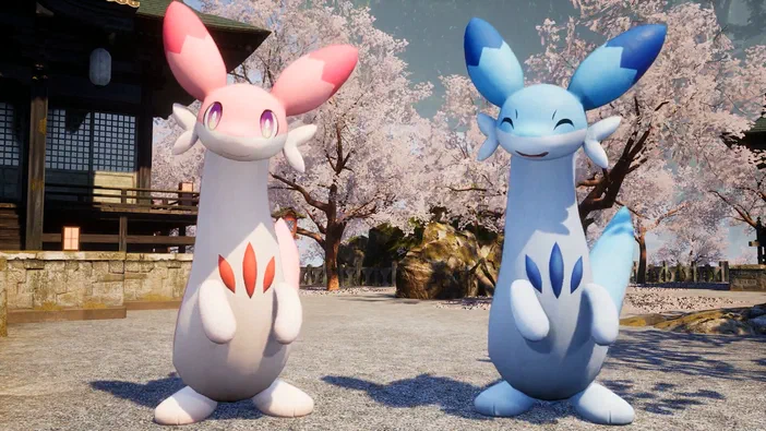 Deux créatures de Palworld se tiennent côte à côte dans un décor japonais avec des cerisiers en fleurs.