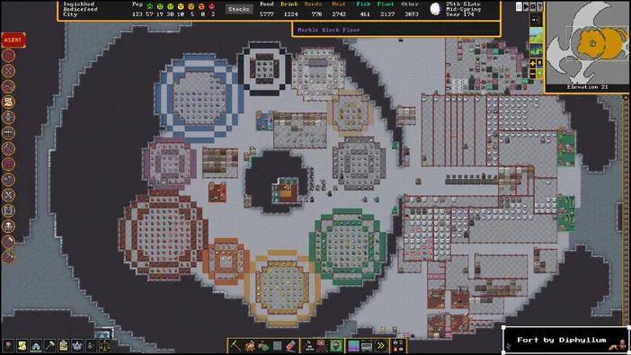 Capture d'écran du jeu de stratégie Dwarf Fortress montrant une vue isométrique d'une fortification complexe avec des bâtiments et des structures organisées.